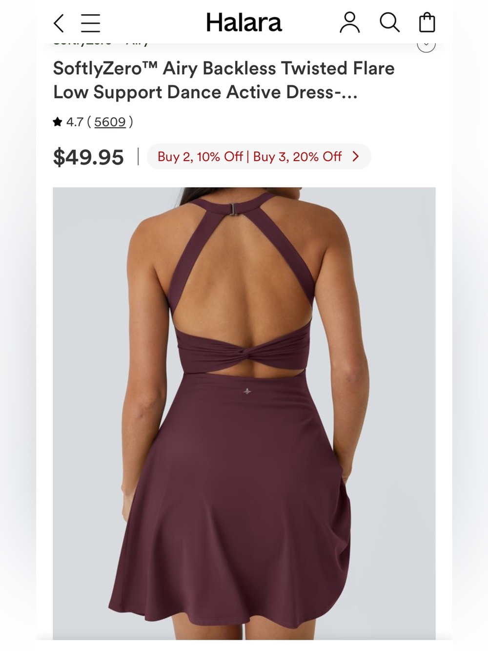 HALARA fig Airy Backless Twisted Flare Low Support Dance Active Dress sz M